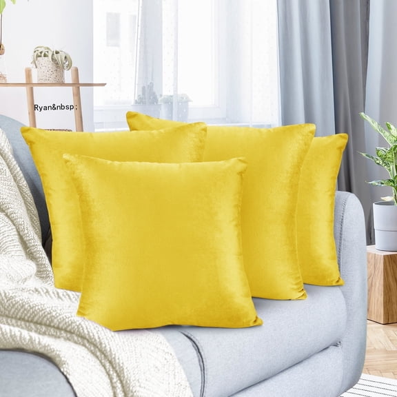 Ryan Soft Short Plush Cheerful Pillow Covers Set of 4, 18x18 Inches Solid Square Decorative Cushion Covers for Living Room, Bright Yellow Color, Soft Touch Plush Fabric, Warm Home Decor Accent