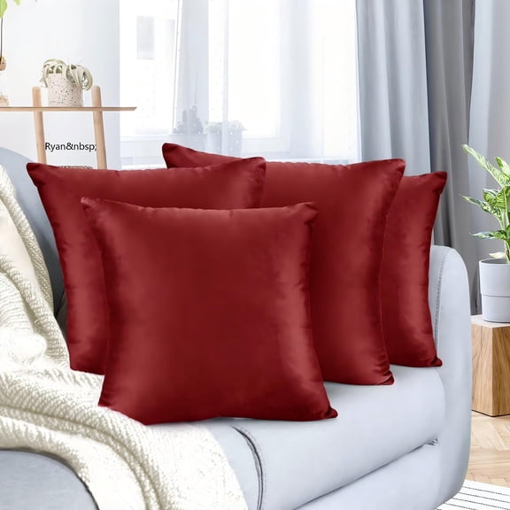 Ryan Soft Short Plush Throw Pillow Covers Solid Square Decorative Covers for Sofa, 20x20 Inches, Cherry Red Color, Pack of 4, Soft Velvety Feel Fabric, Easy Care, Sofa Home Decor