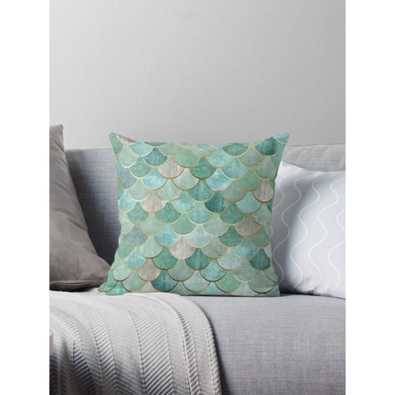 Ryan; Teal and Gold Mermaid Scale Pattern Pillow Cover – Moroccan Inspired 45x45cm Glam for Bedroom