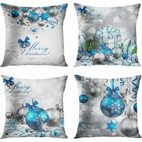 Ryan; Throw Pillow Covers 18x18 Inch Set of 4, Silver and Blue Christmas Ball Square Pillowcase Decorative Cushion Covers, Home Decor Pillow Case for Sofa Couch Bed