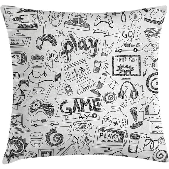 Ryan; Video Games Pillow Cushion Cover Pack of 2, Monochrome Sketch Style Gaming Racing Monitor Device Gadget Teen 90's, Decorative Square Accent Pillow Case, 2 Pcs-18" x 18", Black White