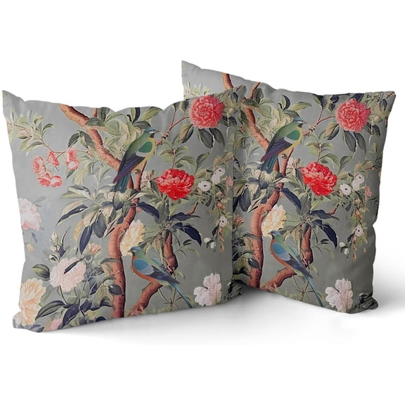 Ryan; Vintage Bird Flower Outdoor Throw Pillow Covers 18x18 Inch Gray Chinoiserie Pillow Cover Farmhouse Floral Decorative Pillowcase Square Cushion Cover for Couch Sofa Bedroom Decor (Pack of 2)