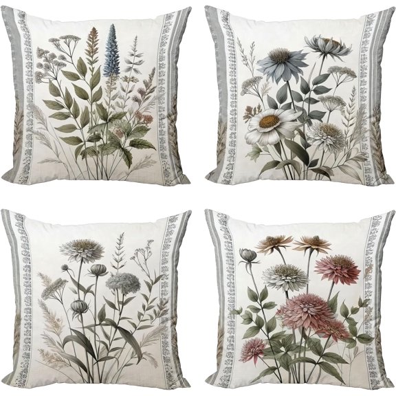 Ryan; Vintage Botanical Throw Pillow Cushion Cover Set of 4, Nostalgic Themed Illustration of Flowers and Leaves Pattern, Decorative Accent Double-Sided Printing, 18", Sage Green and Blue Grey