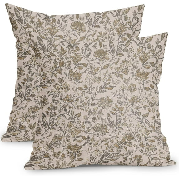 Ryan; Vintage Floral Pillow Covers 18x18 Inch Set of 2 Antique Flower Block Print Pillowcases Tan Neutral Traditional Square Cushion Case for Couch Sofa Bed Home Decor