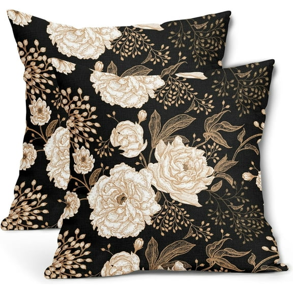 Ryan; Vintage Peony Roses Floral Plant Pillow Covers 18X18 Inch Set of 2 Chinoiserie White Flower Leaves Decorative Pillow Cases Black Gold Cushion Case Vintage Home Decor for Sofa Couch Outdoor