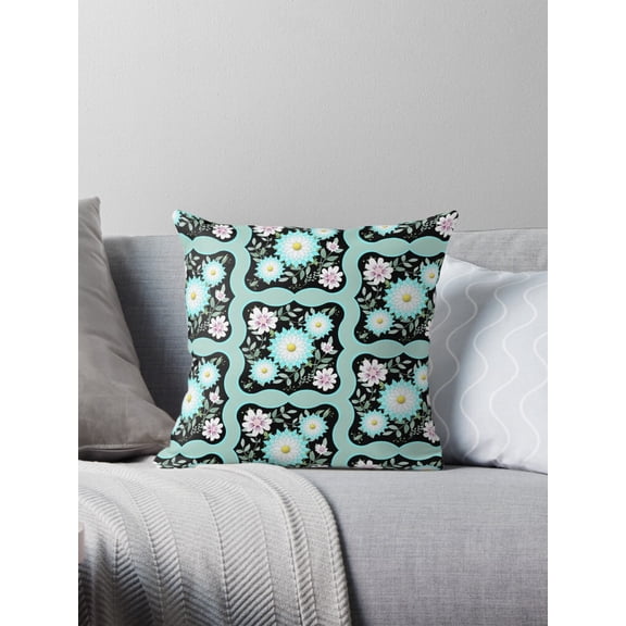 Ryan; WHITE AND BLUE FLOWERS PINK FLOWERS GREEN LEAVES BLACK BACKGROUND Throw Pillow