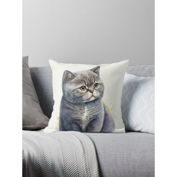 Ryan; Watercolor British Shorthair Cat Throw Pillow Cover 45x45cm – Cute Kitten Art Cushion for Pet Lovers