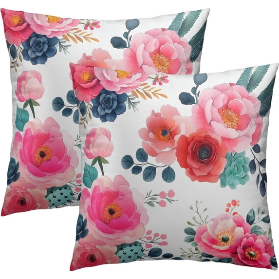 Ryan; Watercolor Peony Throw Pillow Covers 18x18 Inch Set of 2 Pink Floral Girly Green Leaves Decorative Pillow Case Spring Summer Flower Square Cushion Cover for Home Couch Bed