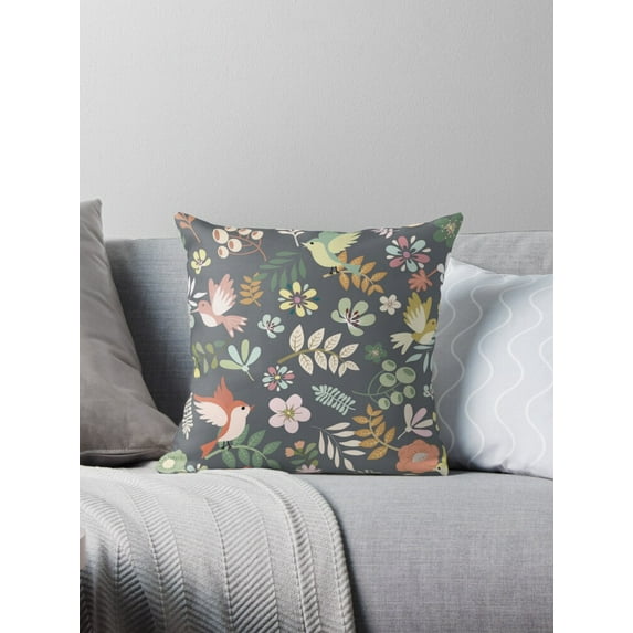 Ryan; Birds and Floral Leaves 45x45cm Pillow Cover – Nature-Inspired Decorative Cushion Case for Spring Home Decor