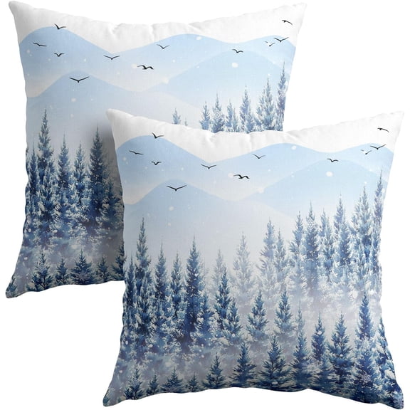 Ryan; Winter Misty Blue Pine Tree Mountain Throw Pillow Covers Set of 2 Forest Bird Flight Decorative Pillowcase Soft Square Cushion Covers for Home Sofa Bedroom