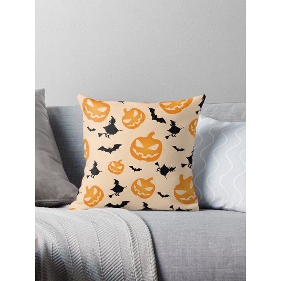 Ryan; Witch and Pumpkin Halloween Pillow Cover 45x45cm – Orange Pastel Seasonal Cushion Cover