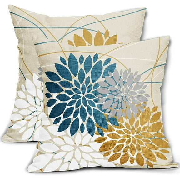 Ryan; Yellow Teal Dahlia Pillow Cover 18X18 Inch Summer Spring Geometric Floral Elegant Line Flower Pillow Case Farmhouse Outdoor Decor for Home Bedroom Living Room Square Cushion Covers, Set of 2