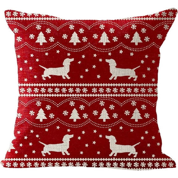 Ryan&nbsp; Bohemia Happy Winter Snowflakes Pet Animal Dog Dachshund Christmas Tree Merry Linen Square Throw Waist Pillow Case Decorative Cushion Cover Pillowcase Sofa 18"x 18"