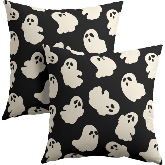 Ryan Halloween Ghost Throw Pillow Cover White Spooky Ghost Decor Black Pillowcase 18x18 Inch Set of 2 Happy Halloween Holiday Cushion Covers Farmhouse Linen Pillow Protector for Home Sofa Patio