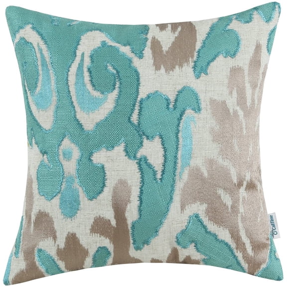 Ryan High Class Throw Pillow Cover Case for Couch Sofa Home Decoration Vintage Ikat Style Applique Teal & Light Taupe