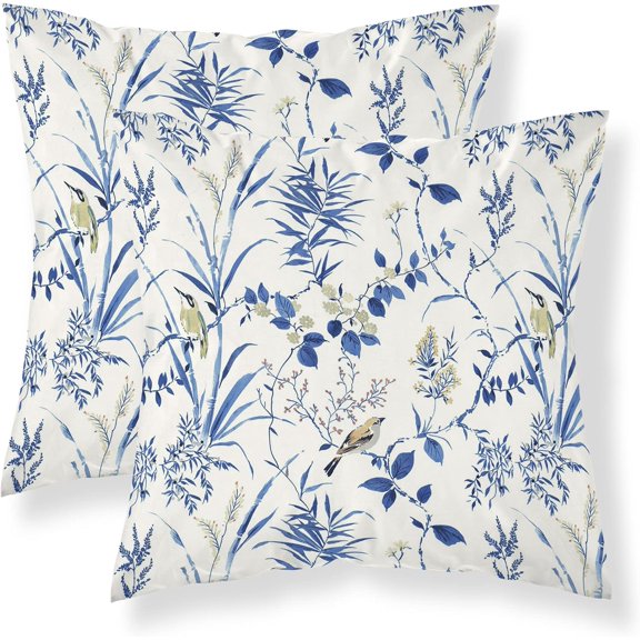 Ryan Navy Blue Floral Pillow Covers Set of 2 Farmhouse Blue and White Throw Pillows Spring Flower Bird Decorative Pillowcase Square Cushion Cover for Home Couch Sofa Bed