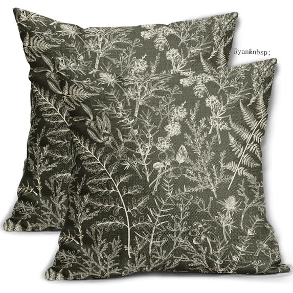 Ryan Olive Green Pillow Covers Set of 2, 18x18 Inches, Vintage Floral Botanical Print Spring Flower Plant Pattern Decorative Throw Pillow Cases Outdoor Farmhouse Decor for Home Sofa Couch Bed