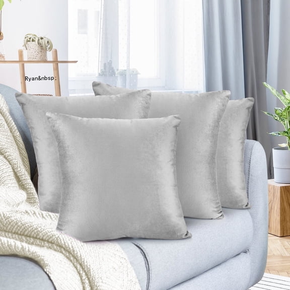Ryan&nbsp; Soft Short Plush Metallic Pillow Covers Set of 4, 16x16 Inches Solid Square Decorative Cushion Covers for Sofa Chair, Shimmery Silver Gray & Luxe Texture, Silver