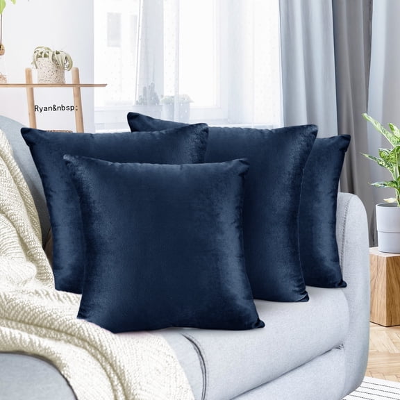 Ryan Soft Short Plush Nautical Pillow Covers Set of 4, 16x16 Inches Solid Square Decorative Cushion Covers for Sofa Chair, Deep Navy Blue & Luxurious Plush, Navy Blue