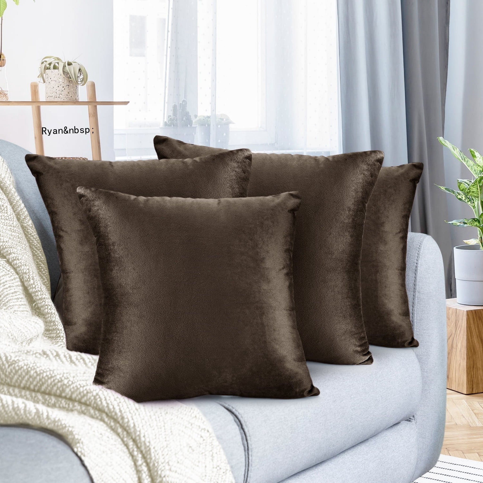 Ryan&nbsp; Soft Short Plush Rich Pillow Covers Set of 4, 20x20 Inches Solid Square Decorative Cushion Covers for Couch Bed, Espresso Brown & Easy to Clean, Chocolate Brown