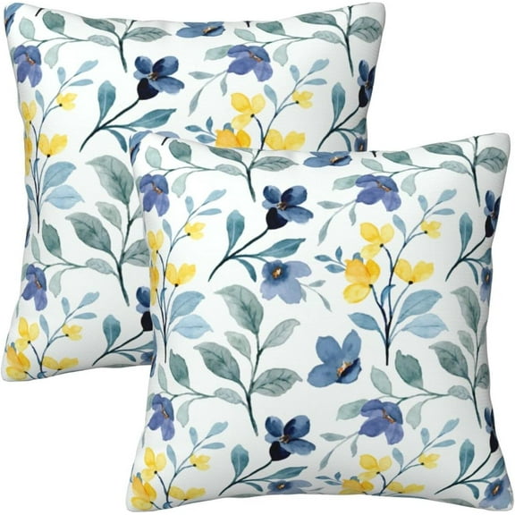 Ryan&nbsp; Yellow and Blue Floral Throw Pillow Covers Inch Set of 2 Spring Sage Green Pillow Covers Farmhouse Flowers Leaves Decor Square Cushion Covers for Home Sofa Car Bedroom
