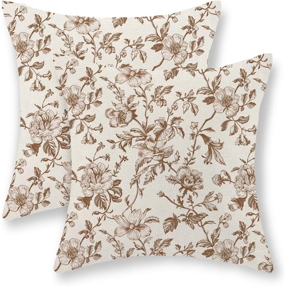 Brown Floral Pillow Covers 20x20 Set of 2 Brown and Cream Chinoiserie Floral Decorative Throw Pillows Vintage Rustic Toile Flower Pillowcase Outdoor Decor Linen Cushion Covers for Couch Sofa