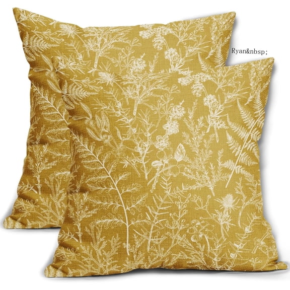 Ryan Yellow Pillow Covers Set of 2, 16x16 Inches, Vintage Floral Botanical Print Spring Flower Plant Pattern Decorative Throw Pillow Cases Outdoor Farmhouse Decor for Home Sofa Couch Bed