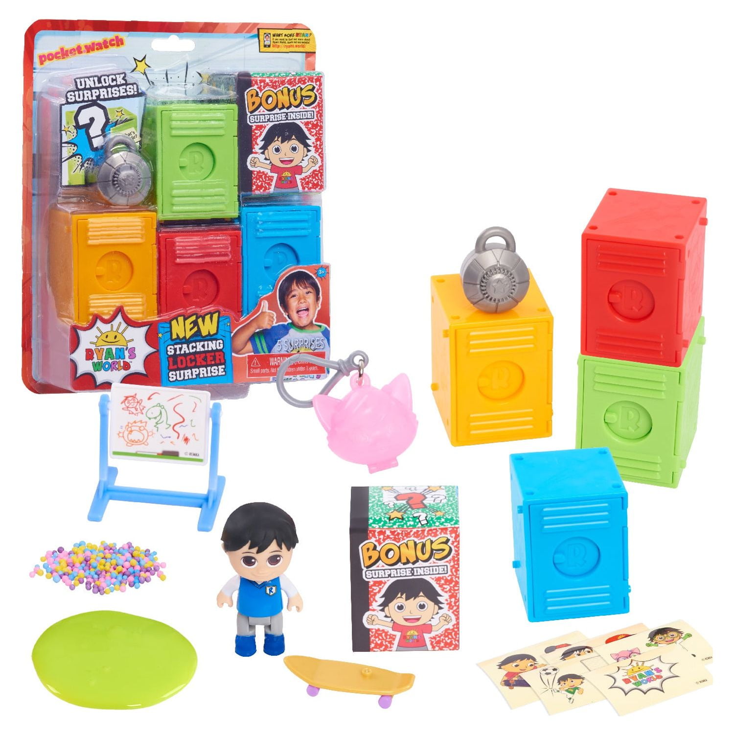 RYAN'S WORLD Ryans World Stacking Surprise Lockers, Five Surprise Filled Lockers, Includes Figure, Slime, Keychain, Styles May Vary, Kids Toys for Ages 3 Up, Gifts and Presents