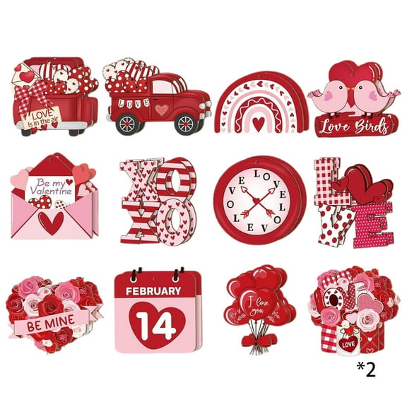 RyanK Valentine'S Day Gifts 24pcs Valentine's Day Decoration Ornaments Indoor And Outdoor P-ink And Red Decorations Wooden Hollow Heart-shaped Ornaments With Rope