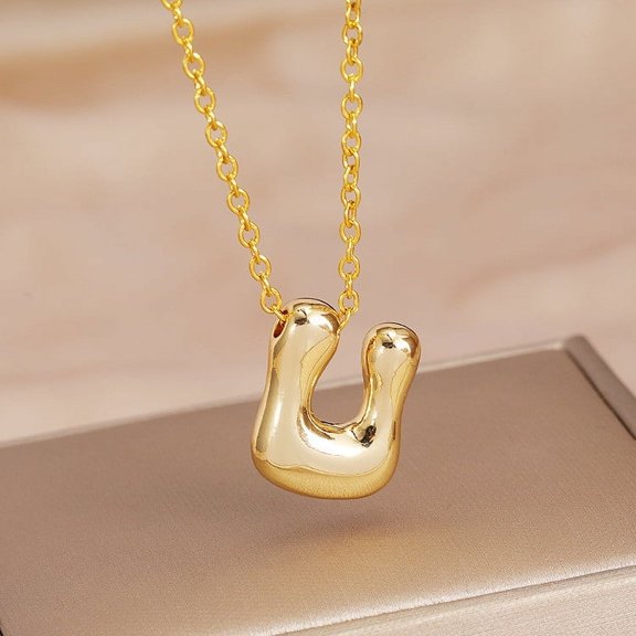 RyanK Valentine'S Day Gifts For Girlfriend Letter Necklace Gold, Gold Balloon Initial Letter Necklace for Women,18K Gold Plated Dainty Personalized Puffy Chunky Name Gold Necklaces U