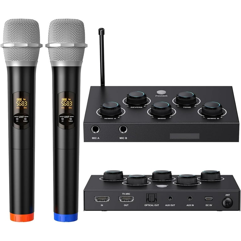 Rybozen Portable Karaoke Microphone Mixer System Set with Dual UHF Wireless Mic HDMI ARC Optical AUX HDMI In Out in Singing Receiver for Smart TV