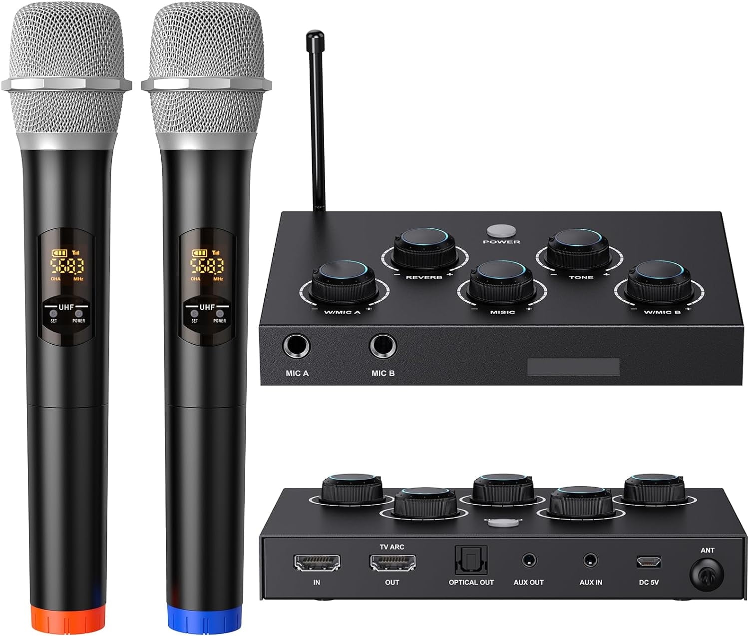 Rybozen Portable Karaoke Microphone Mixer System Set with Dual UHF Wireless, Black