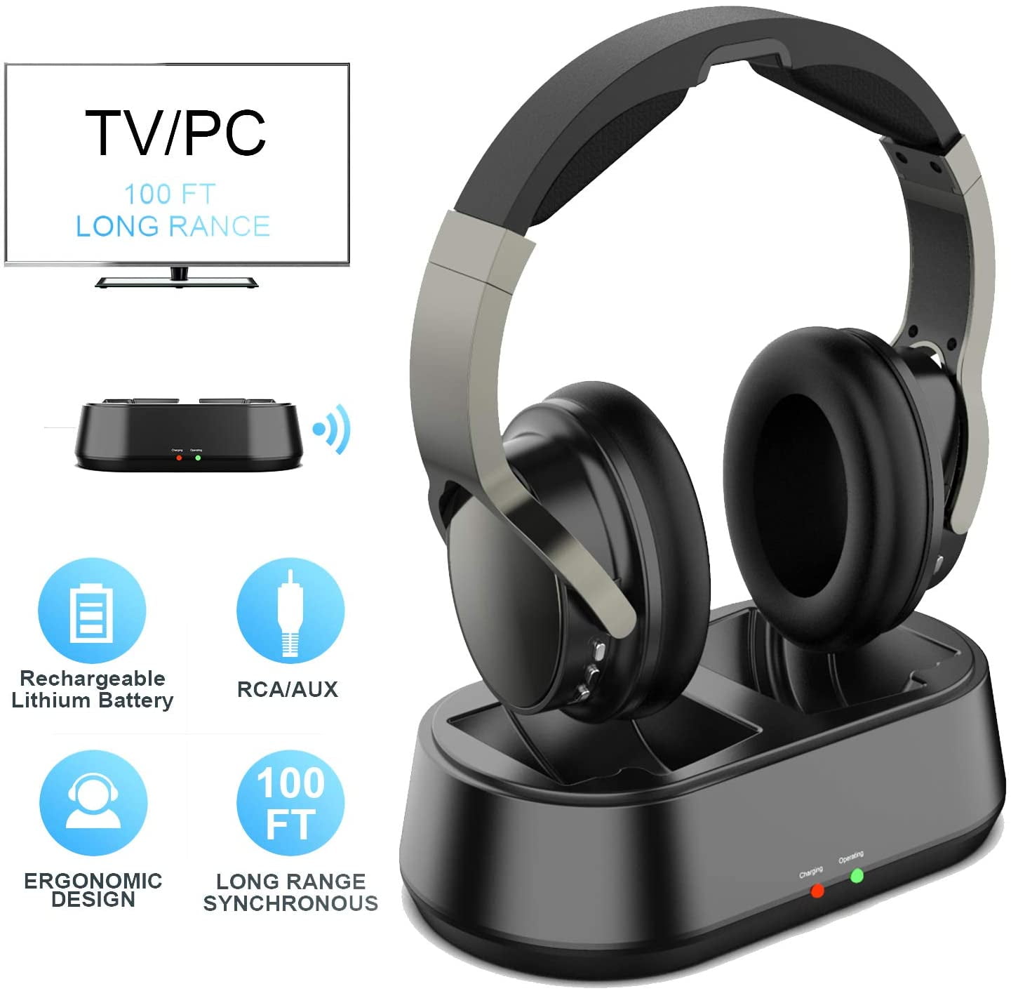 Rybozen Wireless TV Headphones with Transmitter Dock, Over-Ear Cordless  Headset with RCA / 3.5MM Input