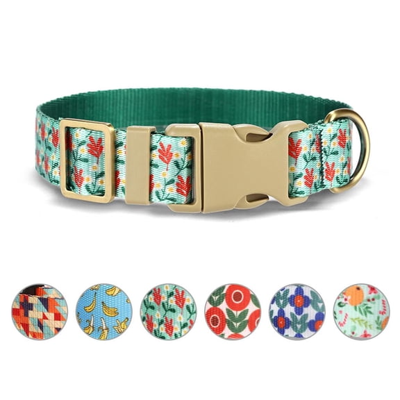 Rychif Cute Dog Collar, Cyan Flower Pattern, Soft Nylon Pet Collars for Small Medium Large Dogs, M