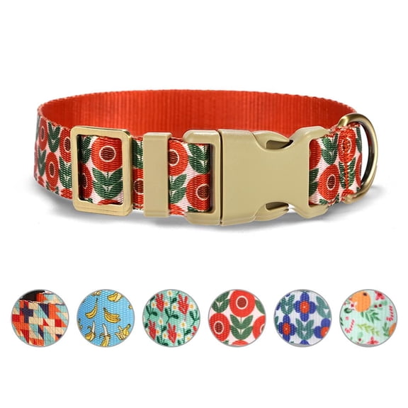Rychif Cute Dog Collar, Red Flower Pattern, Soft Nylon Pet Collars for Small Medium Large Dogs, M