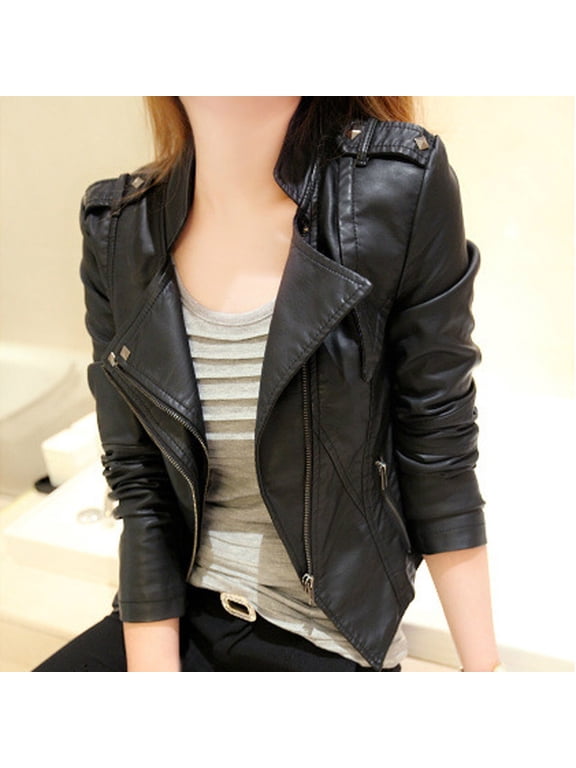 Coat Trendy Women Leather Zipper Jacket Slim Biker Motorcycle Coat Punk Outwear Black M