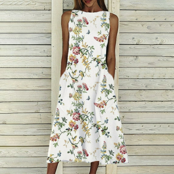 Rydcot Women Plus Size Dress Women Fashion Loose Sleeveless Pocket Long Dress,O-Neck Print Retro Dress,White 14(Xl)