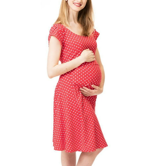 LoyisViDion Womens Maternity Dresses Clearance Women'S Pregnant Nursing Baby Maternity Joint Polka Dot Printing Outwear Dress Red 4(S)