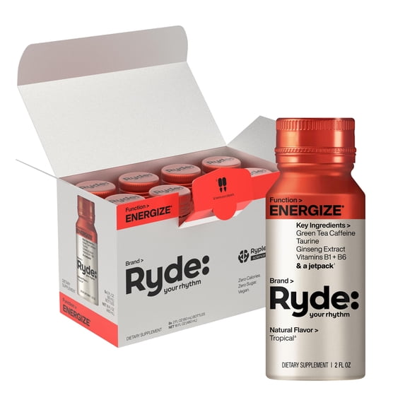 Ryde Shots USA, 2.02 Fl Oz (60 ml), Energize, 8 Pack Bundle