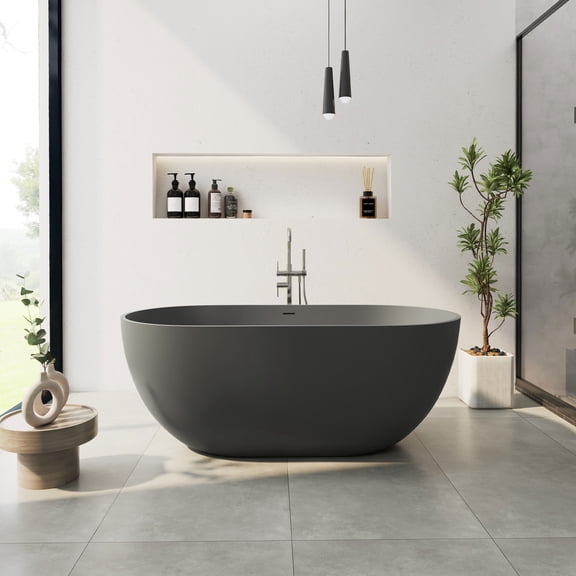 Ryder 59"x30" Matte Gray Solid Surface Tub with Drain & Integrated Overflow