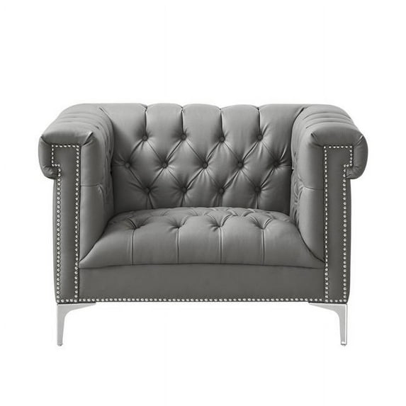 Posh Living Ryder Button Tufted Leather Chesterfield Accent Chair - Gray/Chrome