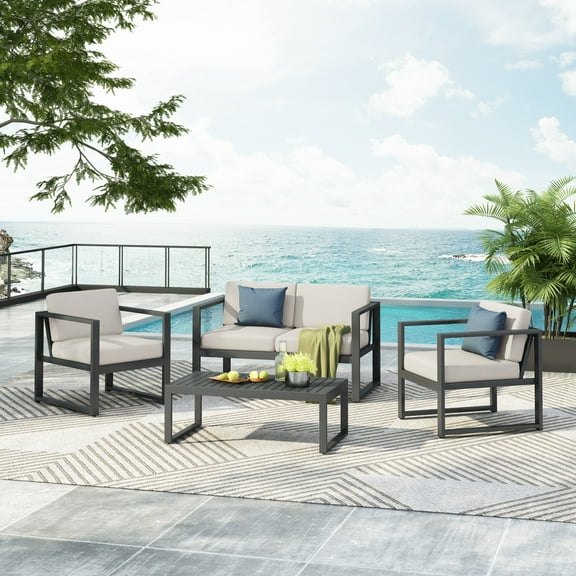 Ryder Modern 4-Piece Outdoor Patio Aluminum Chat Set, Black Frame with Beige Cushions