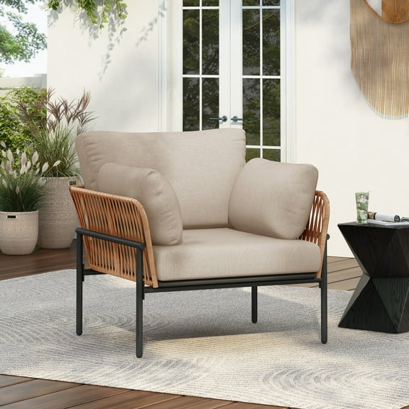 Ryder Modern Outdoor Patio Lounge Chair with Cushions, Rope Accents, Iron Frame, Beige+Natural
