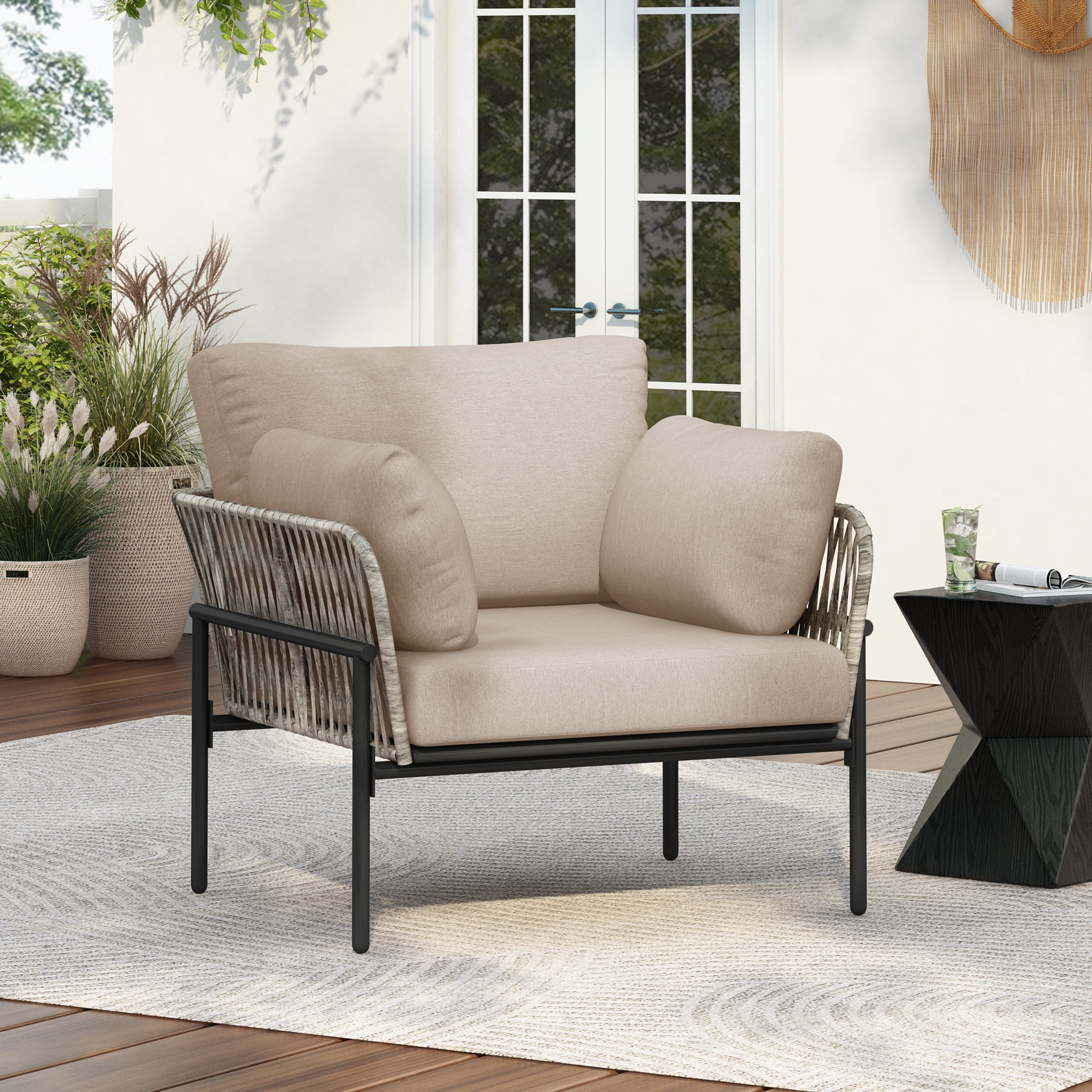 Ryder Modern Outdoor Patio Lounge Chair with Cushions, Rope Accents, Iron Frame, Grey+Beige