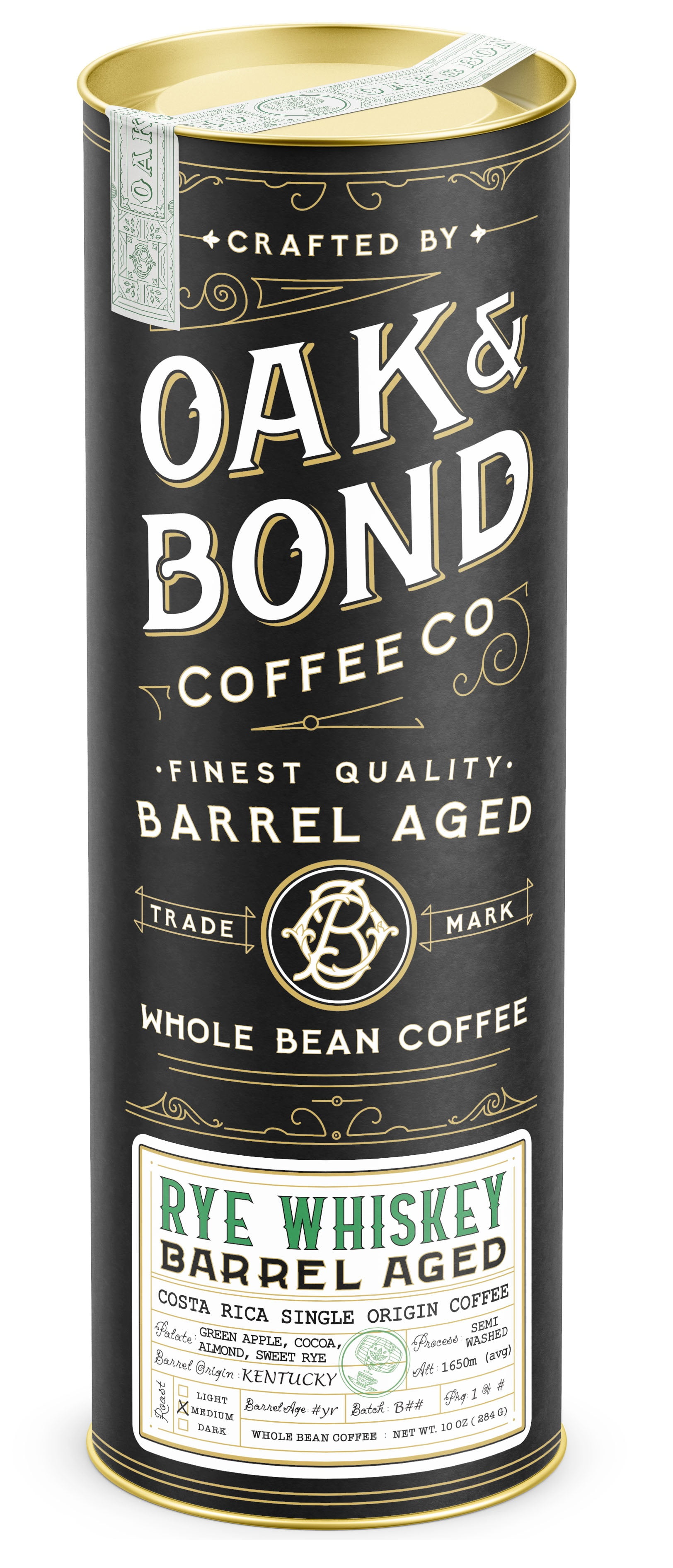 Rye Whiskey Barrel Aged Coffee, Costa Rica Single Origin Small Family Farm Whole Bean Coffee, Medium Roast w/ Flavor Notes of Cocoa, Almond, Sweet Rye, Green Apple by Oak & Bond Coffee Co. – 10oz.
