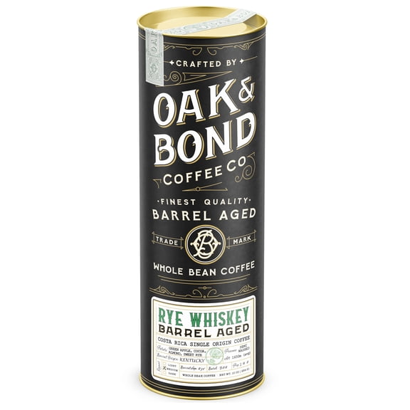 Rye Whiskey Barrel Aged Coffee, Costa Rica Single Origin Small Family Farm Whole Bean Coffee, Medium Roast w/ Flavor Notes of Cocoa, Almond, Sweet Rye, Green Apple by Oak & Bond Coffee Co.  10oz.