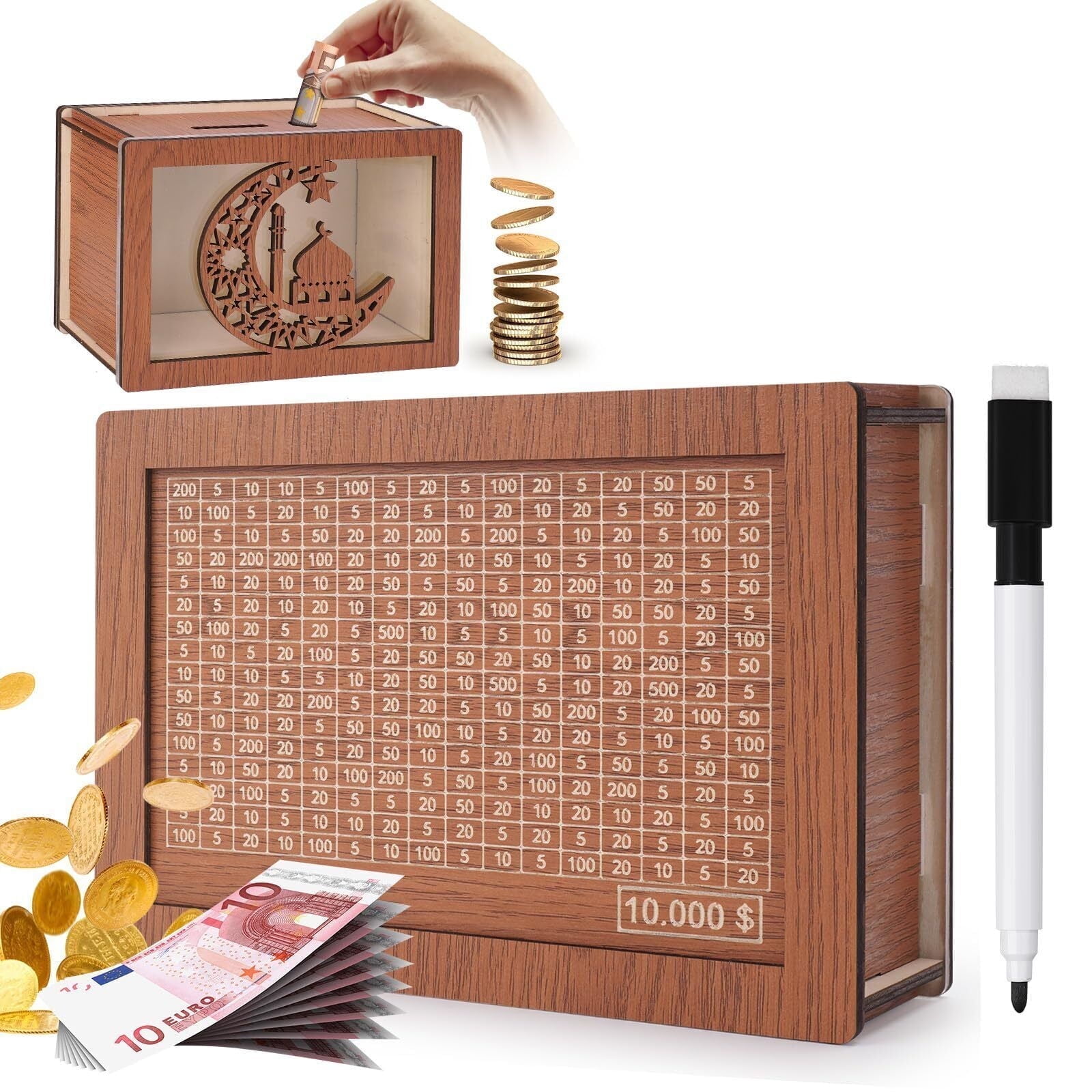RyhamPaper Cash Vault Wooden Savings Box, Money Saving Box Counter ...