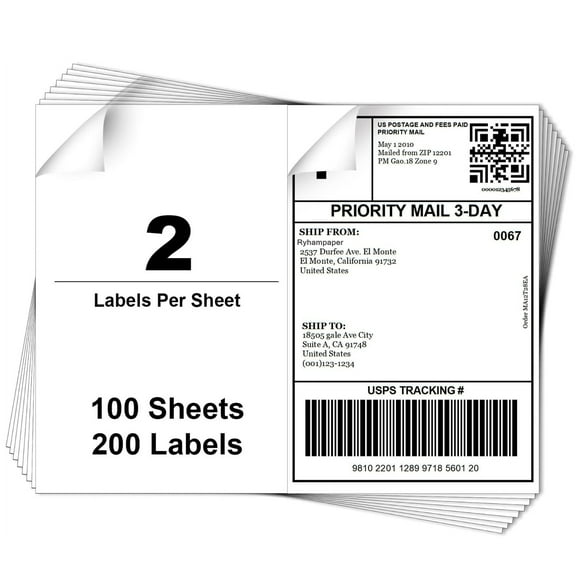 RyhamPaper Half Sheet Self Adhesive Shipping Labels for Laser/Inkjet Printer, 2 per Page Blank White Mailing Labels for Packages, 8-1/2" x 5-1/2", 200 Labels