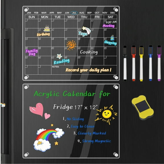 RyhamPaper Magnetic Acrylic Calendar for Fridge, 17''x12'' Clear Calendar Dry Erase Magnetic Board for Refrigerator with 5 Markers and 1 Eraser, Acrylic Magnetic Calendar for Fridge