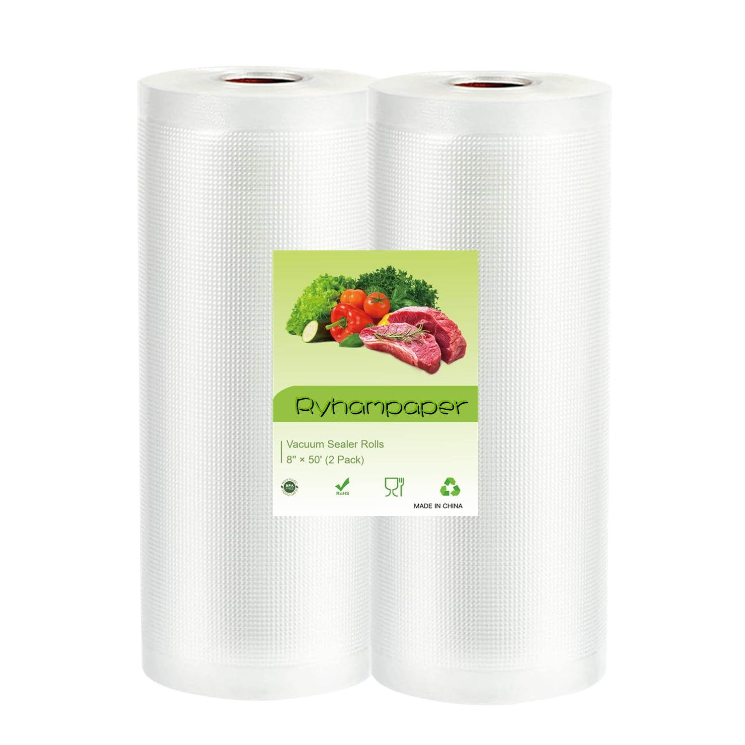 RyhamPaper Vacuum Sealer Bags, 2 Rolls 8" x 50' Vacuum Seal Bags for Food, Food Saver Rolls for